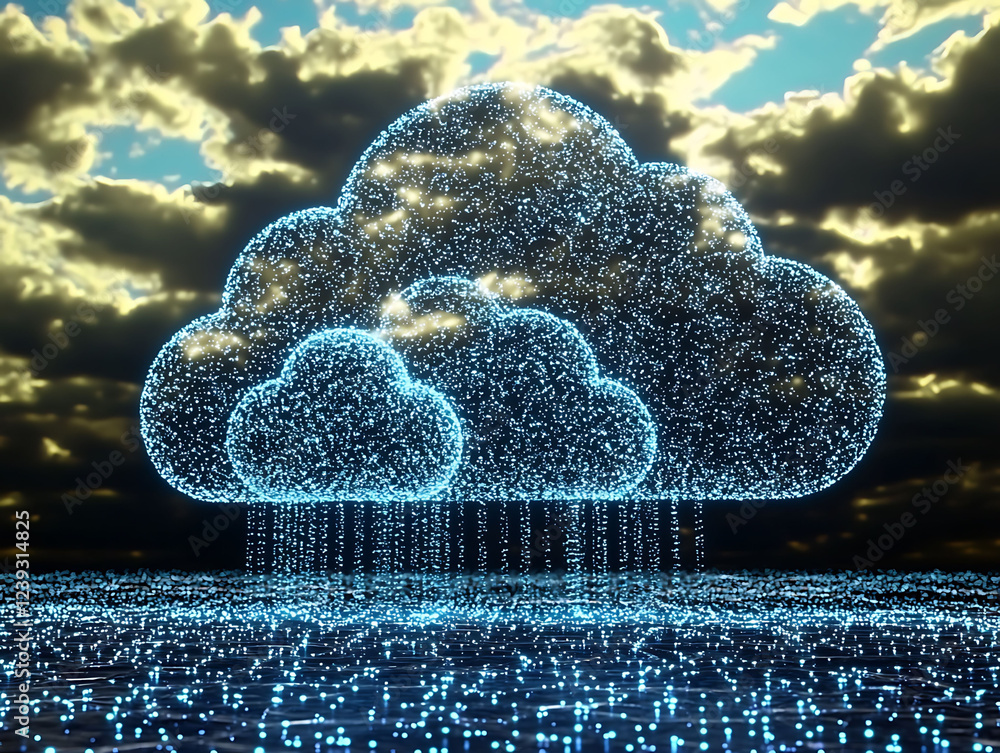 Aufkleber stunning abstract cloud computing image. a glowing, particlebased cloud icon rains data onto a conne