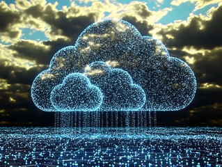 Stunning abstract cloud computing image.  A glowing, particlebased cloud icon rains data onto a connected network, set against a dramatic stormy sky.