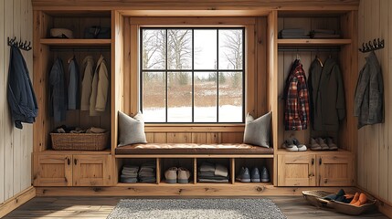 A cozy and inviting entryway with a wooden bench seat and built-in storage. The space is designed for practicality, with hooks for coats, shelves for shoes, and a basket for accessories
