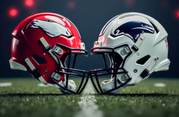 Fototapeta premium Two American football helmets are facing each other, symbolizing the upcoming tension of the game.