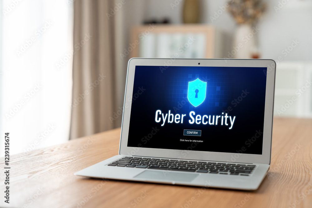 Poster cyber security system on computer screen protect private information snugly from hacker and cyber at
