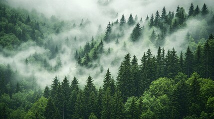Misty mountain forest, evergreen trees, fog, nature, landscape, background, travel
