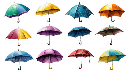 A vibrant set of colorful umbrellas in a seamless pattern, designed to represent rainy weather and autumn season, featuring a playful and artistic style