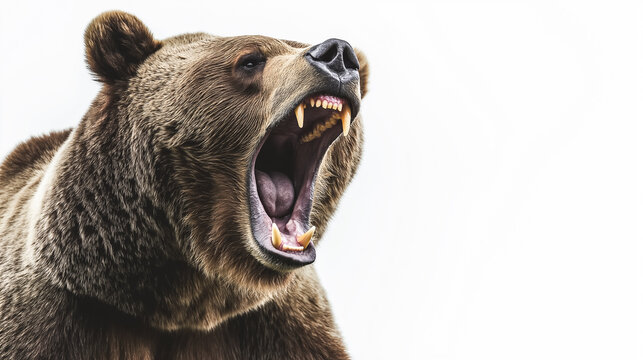 grizzly bear roar on white background with space for text. Copy text space. 