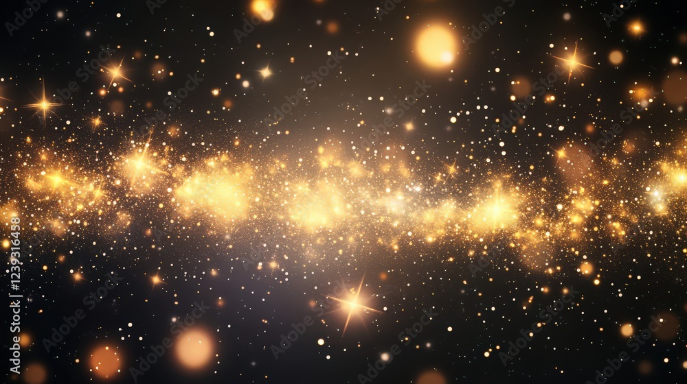 Poster golden celestial light illuminating dark space with sparkling stars and dust
