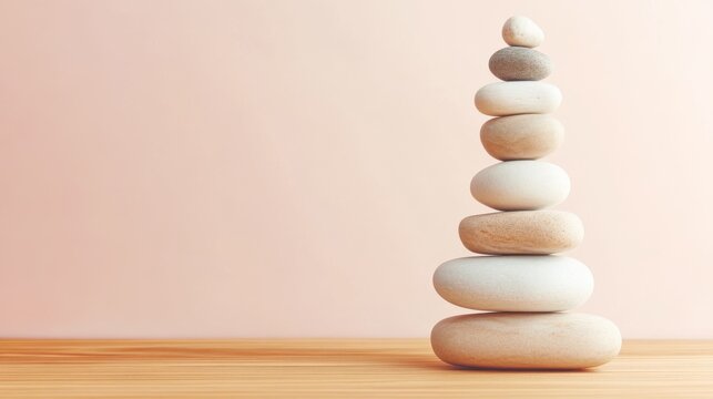 A beautifully arranged stack of smooth stones in varying shades creates a sense of harmony and balance against a soft pastel background, evoking tranquility and calm.