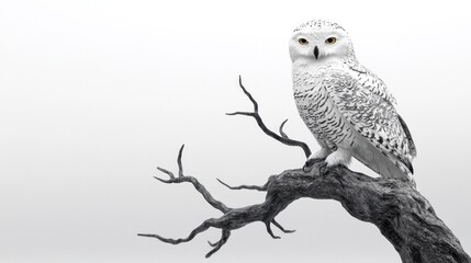 Fototapeta premium Snowy owl perched on branch, winter scene, nature wildlife
