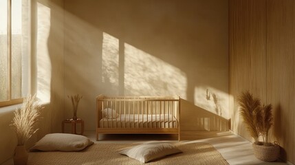 Sunlit nursery, crib, minimalist decor, peaceful room, calm background