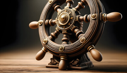 Obraz premium Extreme Close-Up of an Old Ship’s Wheel with Brass Accents