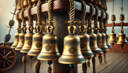 Extreme Close-Up of Antique Brass Ship Bells Hanging on Beam