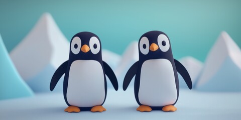 Obraz premium Playful penguin duo icy landscape animation arctic environment close-up view fun concept