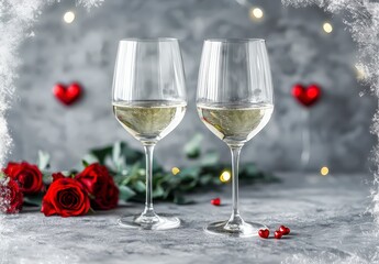 Romantic Evening with White Wine and Roses in Soft Lighting