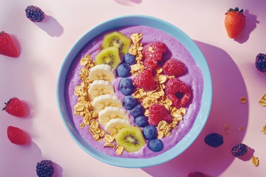 Purple summer smoothie bowl with strawberries, banana, blueberries, kiwi, blackberries, raspberries and granola on a pink background. With fruit and breakfast cereals, top view, healthy food