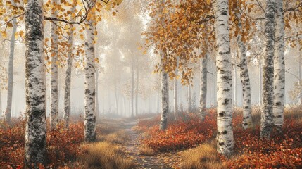 Colorful autumn pathway through a misty forest landscape
