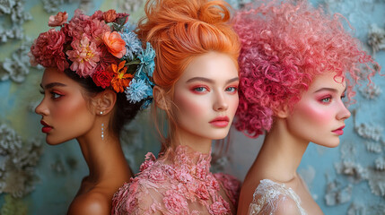 Obraz premium Elegant portrait of a vibrant model woman with floral embellishments and bold makeup