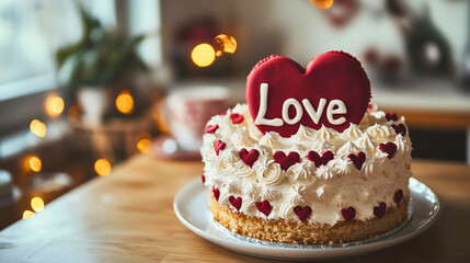 A cake made of whipped cream, biscuits, and chocolate, specially prepared for Valentine's Day. An enchanting and delicious gift, a whipped cream and chocolate cake with hearts.