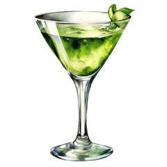 A stylish martini glass filled with a vibrant green liquid and garnished with a slice of cucumber.