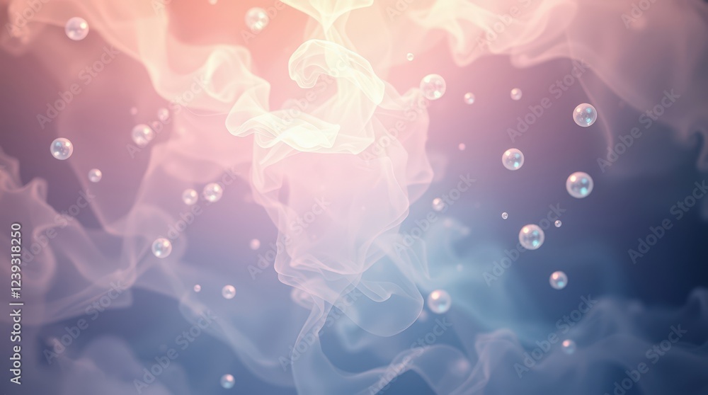 Poster ethereal abstract background with soft pastel swirling smoke and floating bubbles creating dreamy at