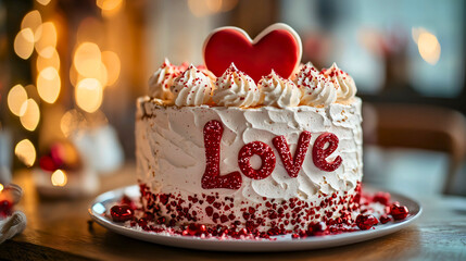 A cake made for Valentine's Day for a young couple, with various love-themed decorations and a large red heart at the center.