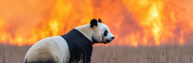 Panda Surrounded by Wildfire with Dramatic Orange Background