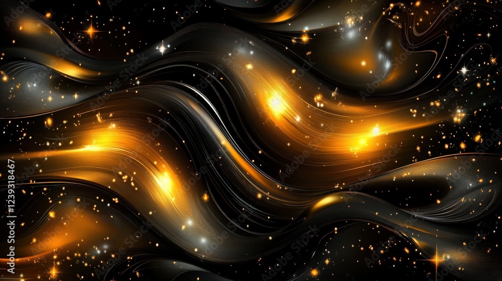 Poster abstract golden cosmic waves with a touch of sparkling light on dark background