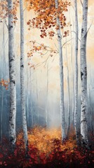 Autumn forest path with birch trees and colorful leaves