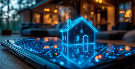 Obraz premium Conceptual Illustration of Smart Home System Represented by Digital House Icon Over Smartphone