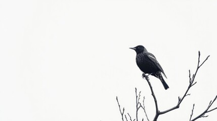 Fototapeta premium Solitary blackbird perched on bare branch, winter sky