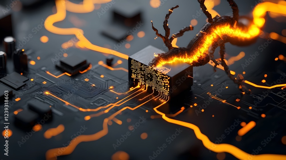 Poster radiant tendrils of digital signals and software scripting interweaving through a futuristic data ma