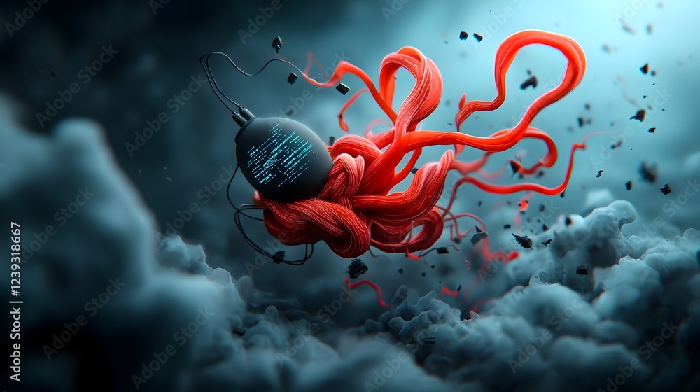 Poster radiant tendrils of digital signals and software scripting shimmering and intertwined materialize on