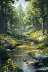 Obraz premium Flowing stream in a lush green forest during daytime