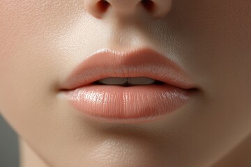 Fototapeta premium Cropped image of a woman's face, chin and lips. Perfect, smooth, well-groomed skin, natural lips. Face lift. Advertising concept for natural beauty, skin care, cosmetology and cosmetic products
