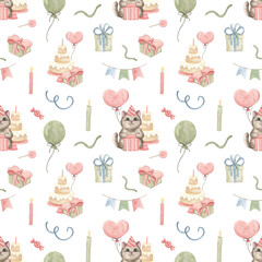 Seamless pattern for birthday. birthday pattern. Festive cats. Balloon. Party. Cute pets. Watercolor. Texture. Party print. Gift, surprise. Serpentine.