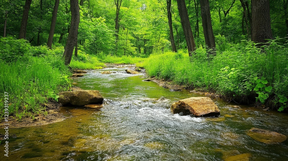 Canvas Prints Serenity of a flowing stream through lush green forest