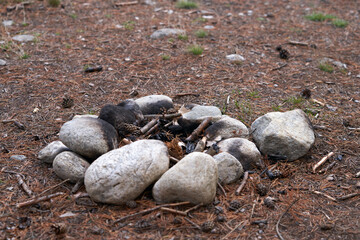 A cobble-stoned fire pit with a burned-out campfire in the countryside.
