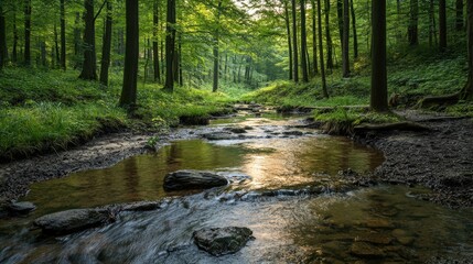 Obraz premium Calm stream flows through lush forest during golden hour