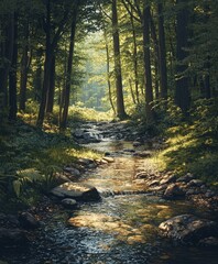 Fototapeta premium Tranquil forest stream surrounded by lush greenery