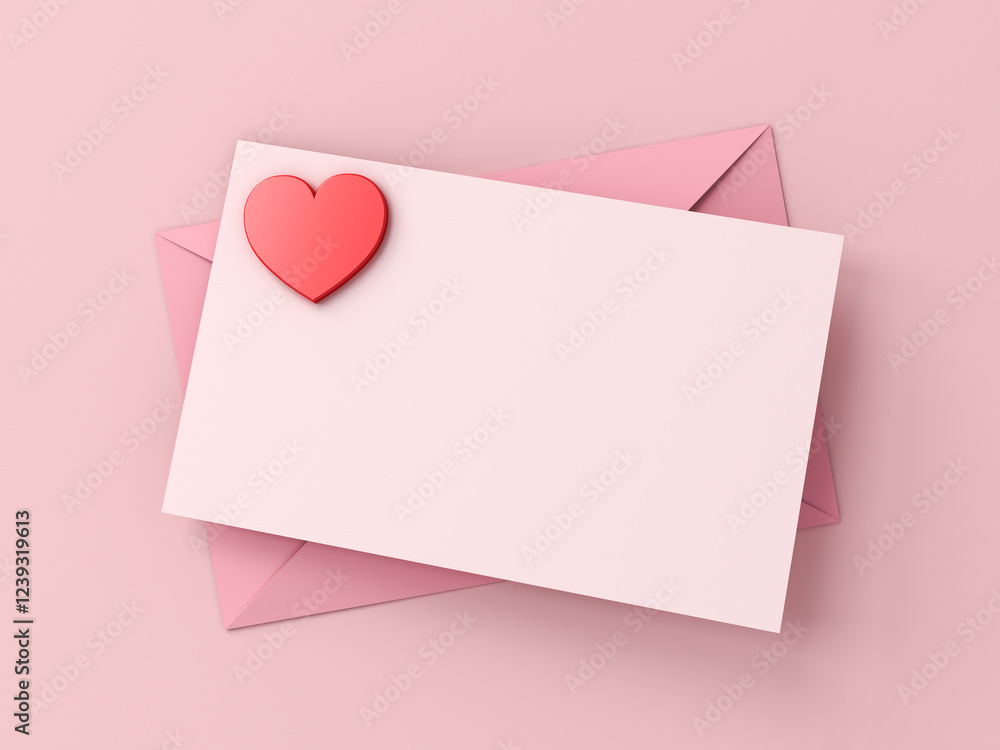 Leinwandbilder Love letter creative idea concepts blank light pink paper on pink envelope and red heart shape paperweight on pink pastel color background with shadows minimal conceptual valentines day 3D rendering