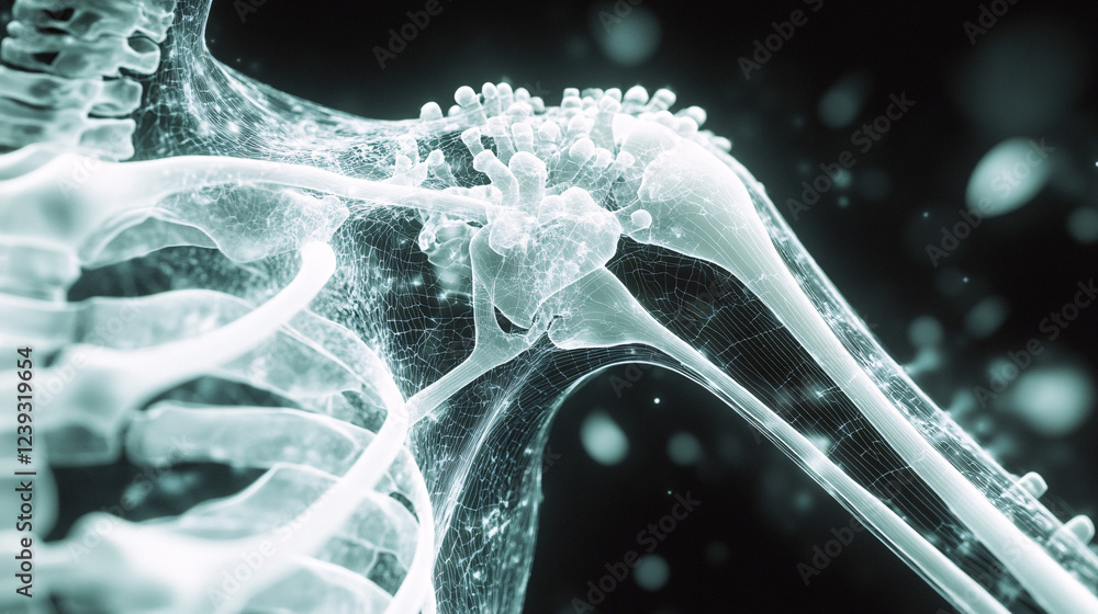 Poster a detailed x-ray of the shoulder joint, with bones and connective tissues illuminated, surrounded by