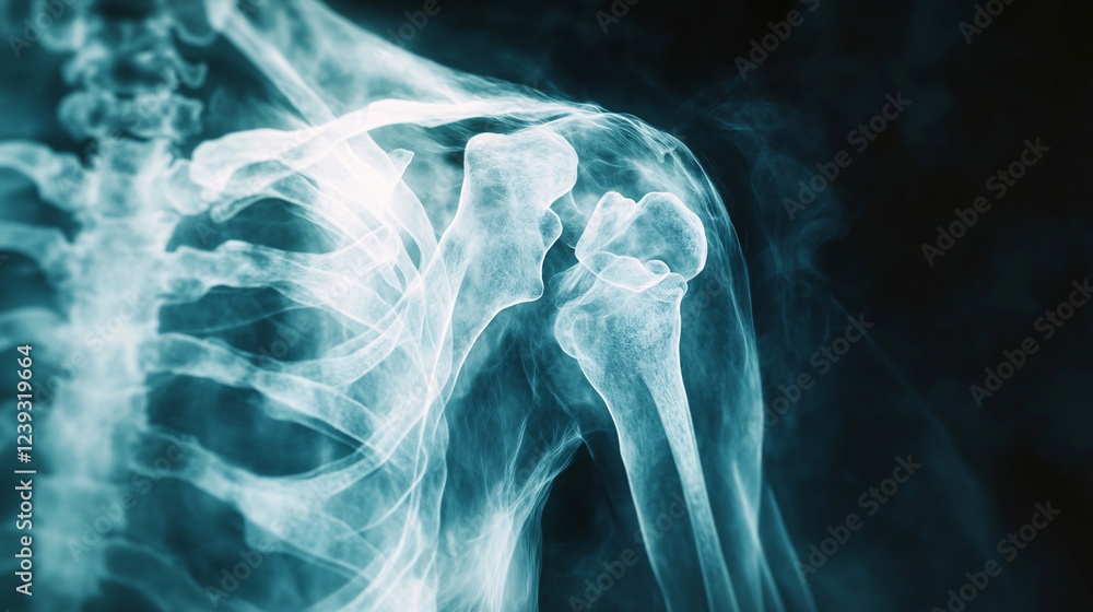 Poster a detailed x-ray of the shoulder joint, with bones and connective tissues illuminated, surrounded by