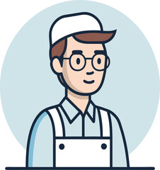 Fototapeta premium Cartoon portrait, service worker, white cap, glasses, blue-collar shirt, white apron, youthful appearance, clean-cut style, friendly expression, simple background, flat design, vector illustration