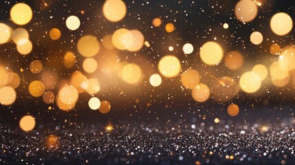 Sparkling golden bokeh lights glimmering against dark abstract background, conveying festive celebration and elegant event mood