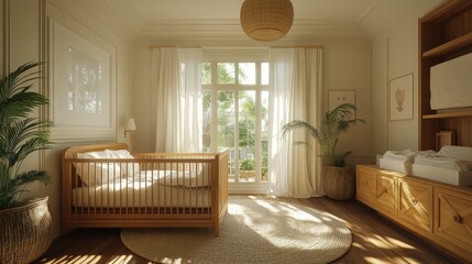 Sunlit nursery, crib, plants, calm, wooden furniture, garden view, serene