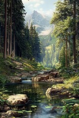 Obraz premium Serene forest landscape with mountain backdrop and stream