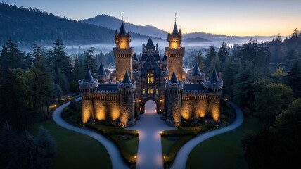 Obraz premium Majestic castle at dawn enchanted forest photography serene landscape aerial view fantasy dreams