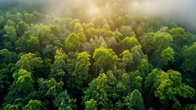 Aerial view of a lush green forest covered in morning mist, illuminated by the soft glow of sunlight breaking through the clouds.