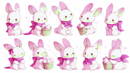 Kawaii Anime Easter Bunny Sticker Set, Cute Cartoon Pink Rabbits in Various Poses, Adorable Spring  Character Collection, Digital Illustration Isolated on White Background.