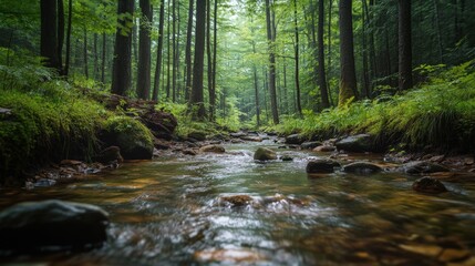 Serene forest stream flowing through lush green trees