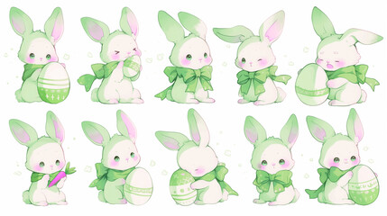 Kawaii Anime Easter Bunny Sticker Set, Cute Cartoon Pastel Green Rabbits in Various Poses, Adorable Spring  Character Collection, Digital Illustration Isolated on White Background.