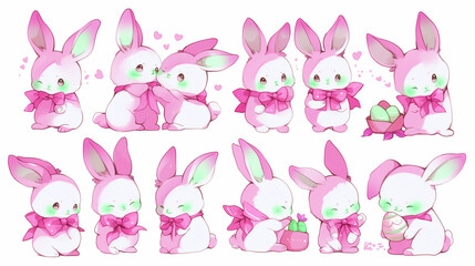 Kawaii Anime Easter Bunny Sticker Set, Cute Cartoon Pink Rabbits in Various Poses, Adorable Spring  Character Collection, Digital Illustration Isolated on White Background.